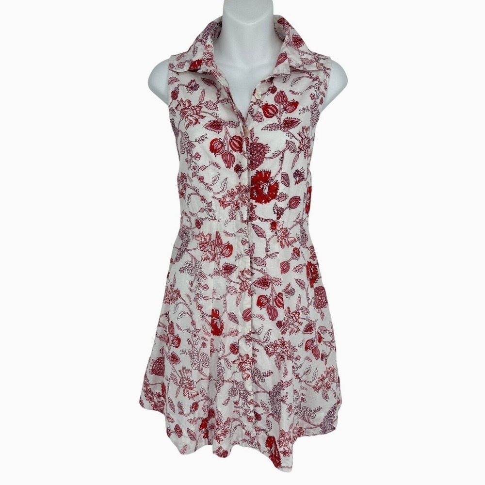 Livro Floral Sleeveless Button Down Shirt Dress Small White Red Boho Cottagecore